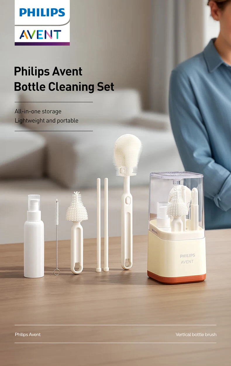 Set per la Pulizia dei Biberon Avent Include Spazzola per Biberon, Spazzola per Tettarelle, Pulitore per Cannucce, Scolapiatti e Scatola Portaoggetti Senza BPA