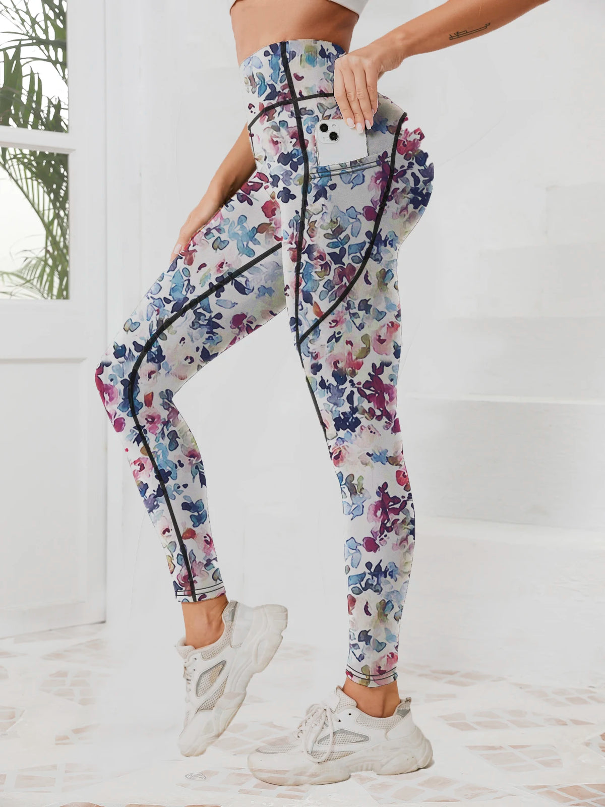 Pantaloni fitness da donna con tasca a vita alta stampati abbinati a pantaloni da yoga addominali attillati, adatti per correre, escursioni e sp