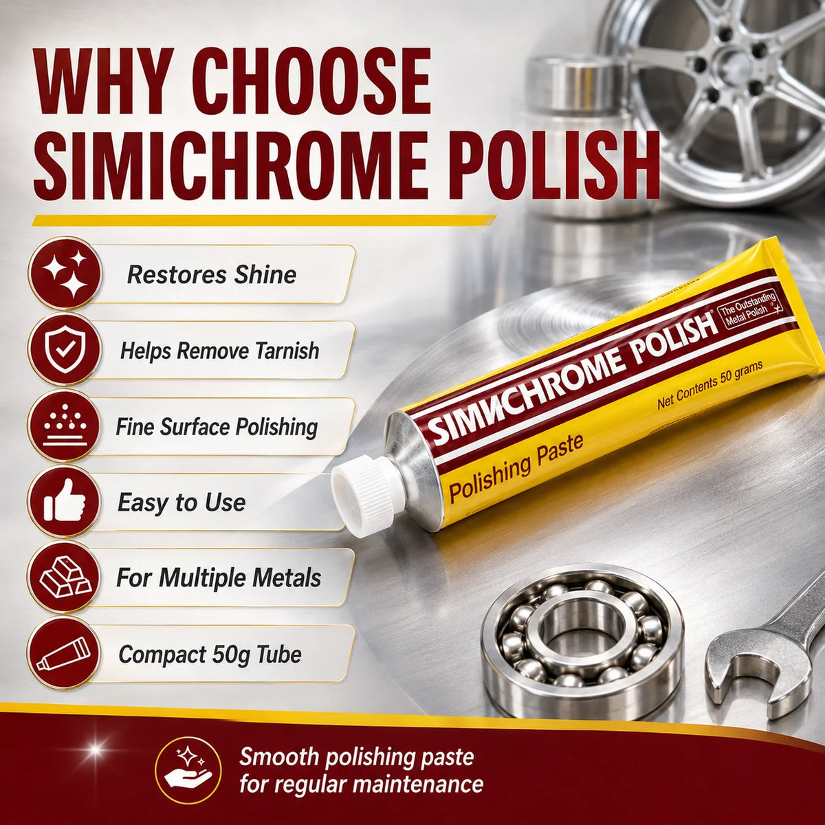 Pasta Lucidante per Metalli Simichrome 70ml, Rimuovi Graffi e Ossidazioni, Lucidante a Specchio per Cromo, Alluminio, Ottone, Argento