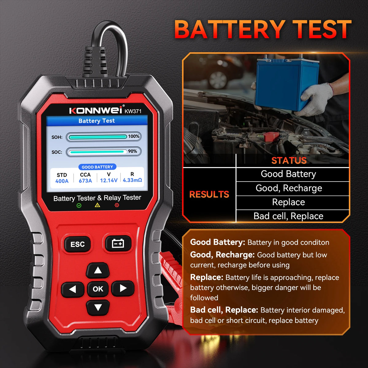 Tester Batteria Auto 2in1 KONNWEI KW371 2026 e Tester Relè a 4 Pin 5 Pin 6V 12V 24V con Stampa Dati Guasto, Test Avvio e Strumento di Scansione Ricarica