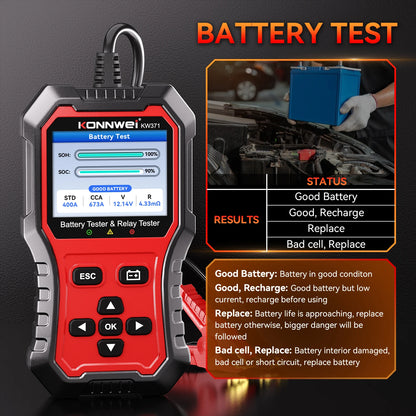 Tester Batteria Auto 2in1 KONNWEI KW371 2026 e Tester Relè a 4 Pin 5 Pin 6V 12V 24V con Stampa Dati Guasto, Test Avvio e Strumento di Scansione Ricarica