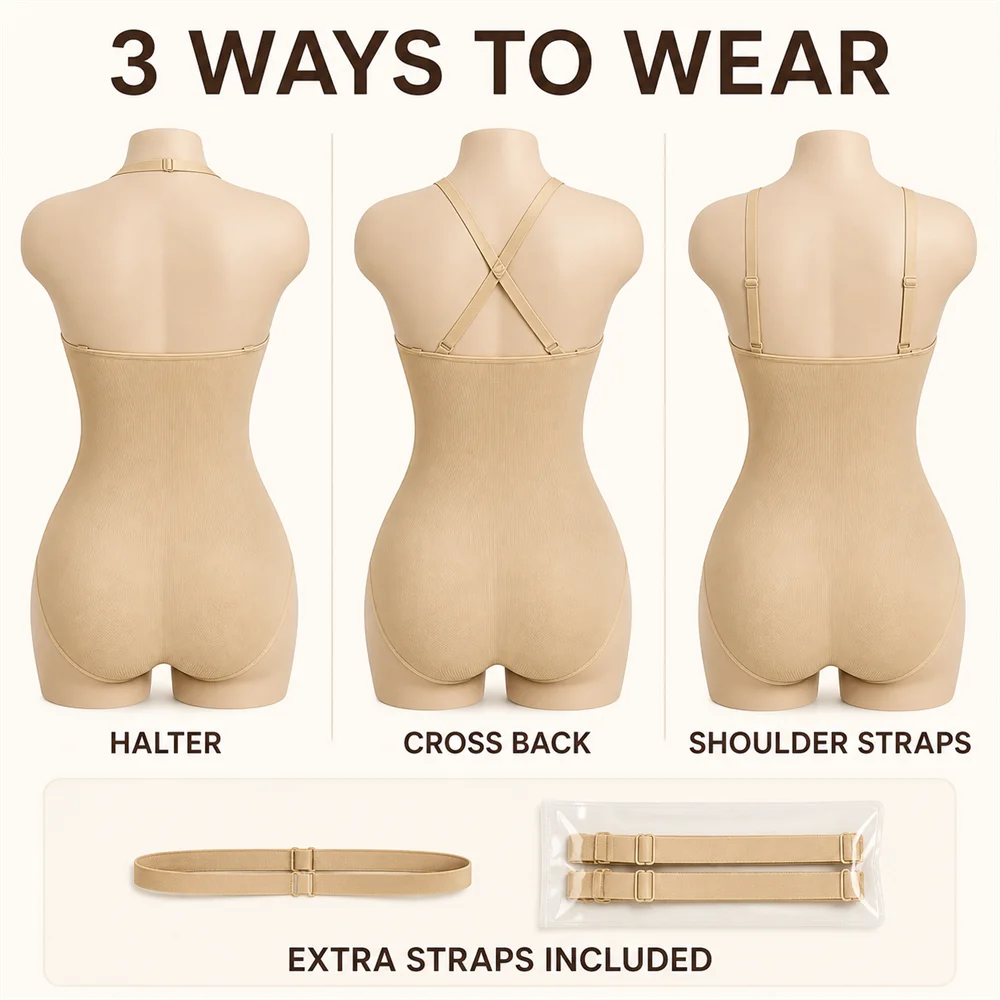 Body modellante da donna con controllo addominale, scollo all'americana, imbottito, modellante, senza schiena, copertura totale, intimo.