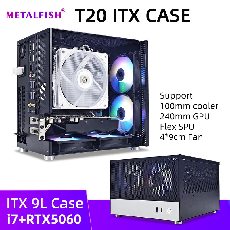 METALFISH T20 Mini ITX Custodia bianca 9L Supporto telaio PC compatto Flex PSU/240mm GPU/100mm Dispositivo di raffreddamento/180 Dispositivo di raffreddamento liquido