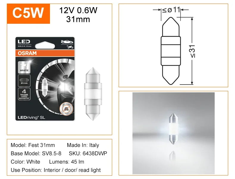 OSRAM LED Festoon 31mm 36mm 41mm C5W Fest LEDriving SL Advance Car 6000K Lampada a luce bianca Porta interna Lettura Lampadina targa