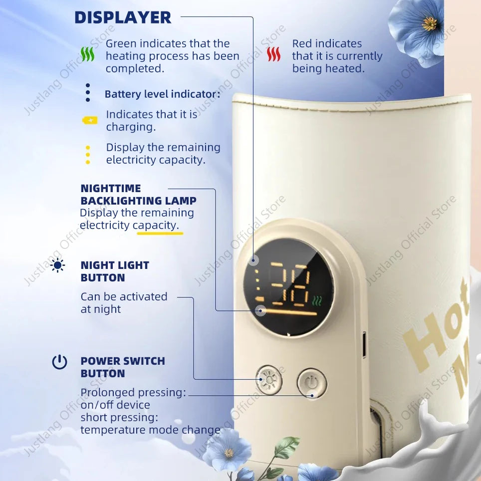 JUSTLANG 10000mAh Scaldabiberon 5 livelli di calore Scaldalatte multifunzione per latte materno Controllo accurato della temperatura Calore per biberon