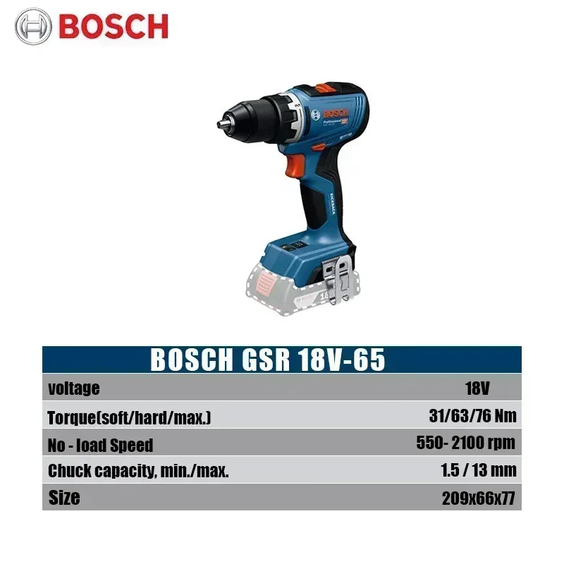 Trapano Cordless Bosch GSR 18V-65 Brushless, 18V 63Nm, Alta Coppia, Utensile per Operazioni in Spazi Ristretti, Funzione Anti-Rotazione Inversa, Utensile Elettrico