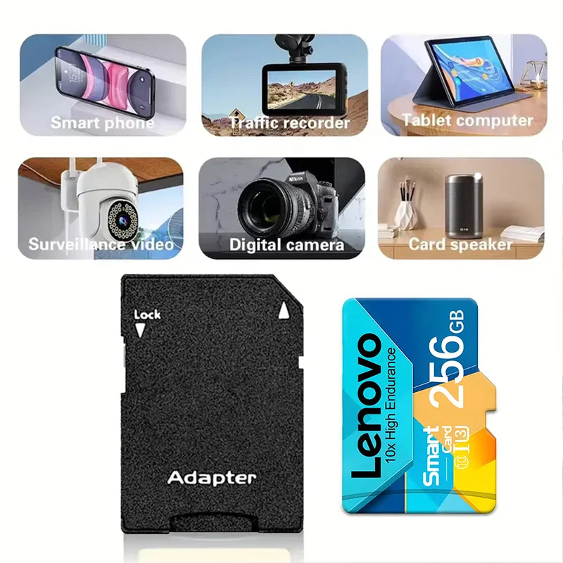 Scheda Micro SD ad alta velocità Lenovo, 1 TB, 512 GB, 256 GB, scheda di memoria TF, classe 10, U3, ad alta velocità, per dash cam, telecamere di sicurezza, droni e telefoni.
