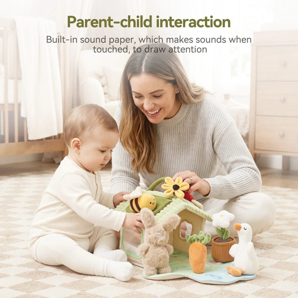 Giocattolo Sensoriale Montessori per Neonati, Casa di Peluche con Audio, Gioco di Nascondino, Giocattolo Educativo per Neonati 0‑36 Mesi