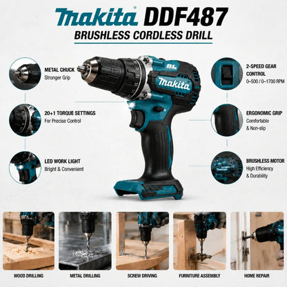 Trapano Avvitatore a Batteria Brushless Makita 18V LXT DDF487 10mm ad Alta Coppia + Batteria BL1860B BL1840 6.0Ah - Spedizione Veloce da Magazzino EU