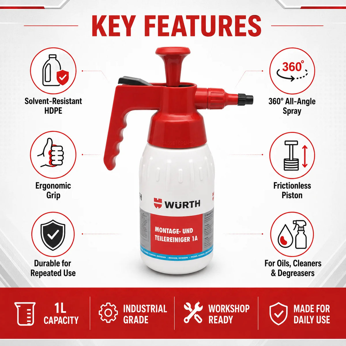 Spray Resistente agli Agenti Chimici Wurth, Flacone con Ugello Regolabile, Spruzzatore a Pressione per Pulizia Auto, Sgrassatore per Uso in Officina