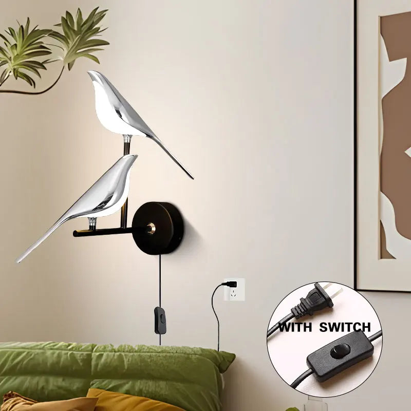 Lampade da Parete LED Girevoli a Forma di Uccello Magpie con Spina EU/US per Comodino, Camera da Letto, Lampade da Parete Nordiche, Applique per Cucina e Sala da Pranzo