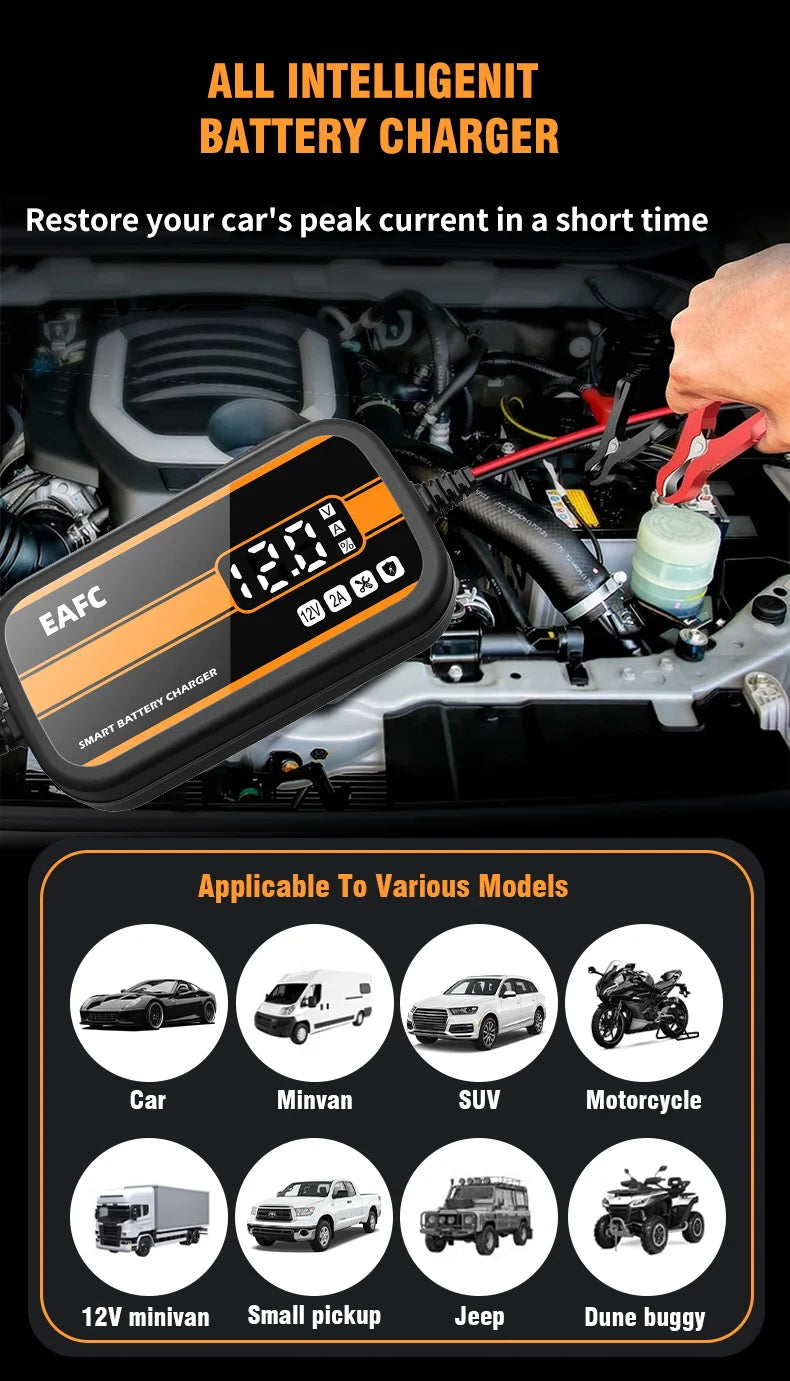 Il più nuovo caricabatteria per auto 12V 2Ah-20Ah caricabatterie per riparazione batteria al piombo con display digitale intelligente per auto SUV moto