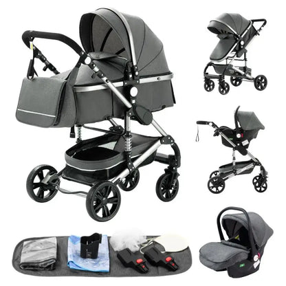 Passeggino 3 in 1 Facile da piegare Telaio in alluminio ad alto paesaggio Passeggino neonato con ruota in gomma per assorbimento degli urti a quattro ruote