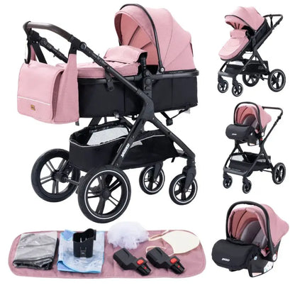 Passeggino 3 in 1 Facile da piegare Telaio in alluminio ad alto paesaggio Passeggino neonato con ruota in gomma per assorbimento degli urti a quattro ruote