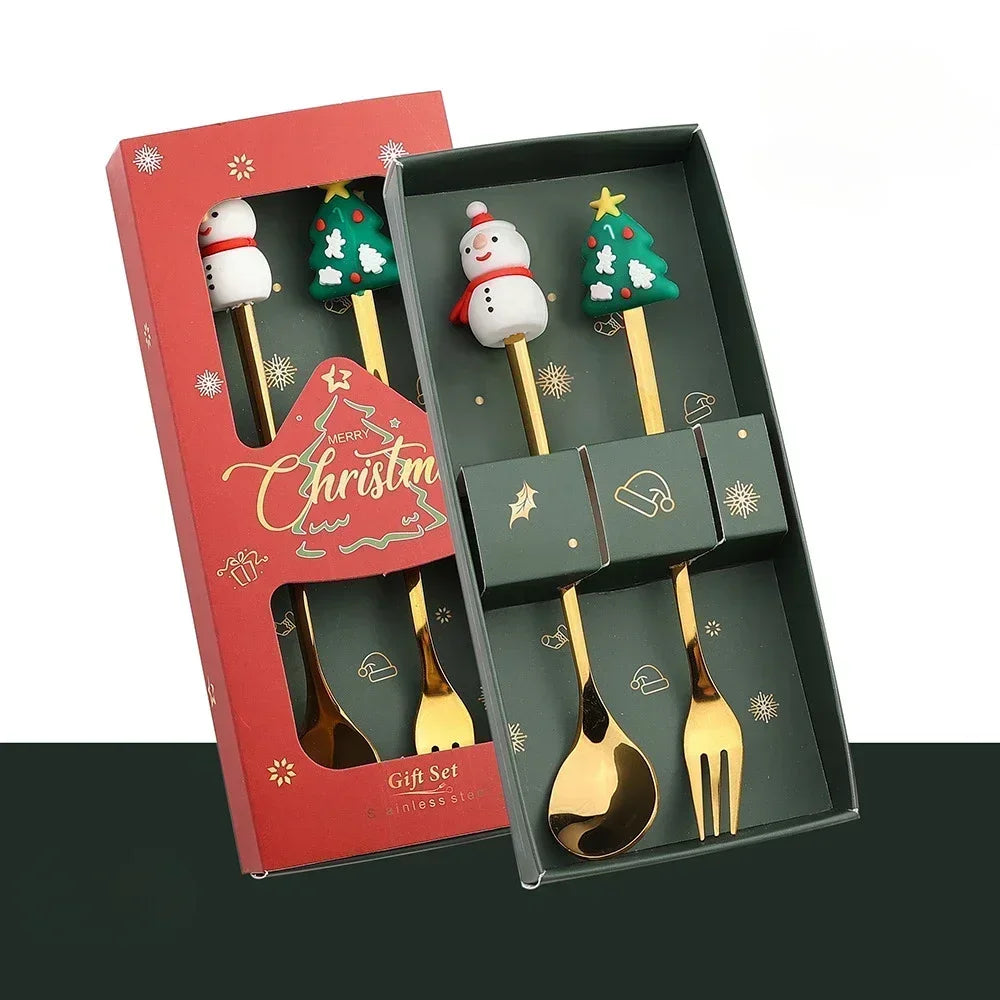 Set cucchiaio e forchetta natalizio in acciaio inossidabile caffè tè utensili da dessert confezione regalo design albero di Babbo Natale facile da pulire     6/4/2/1PZ