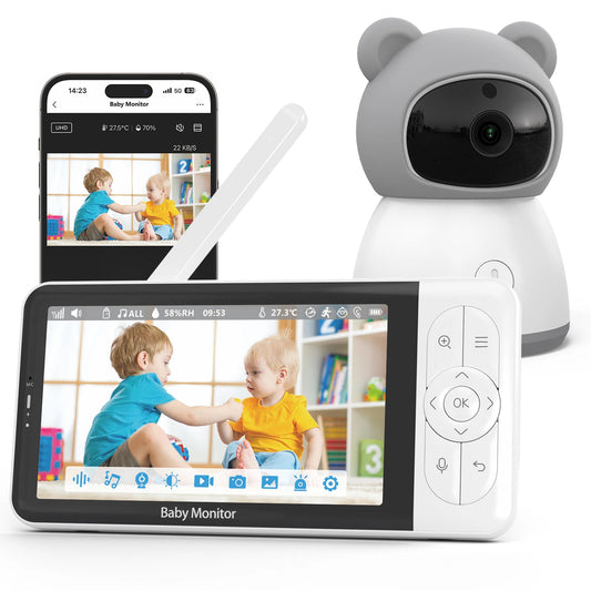 Tuya Smart Baby Monitor Telecamera 2K Display 5 "1080P Rilevamento temperatura APP Controllo vista Baby Nanny Audio bidirezionale Baby Cam