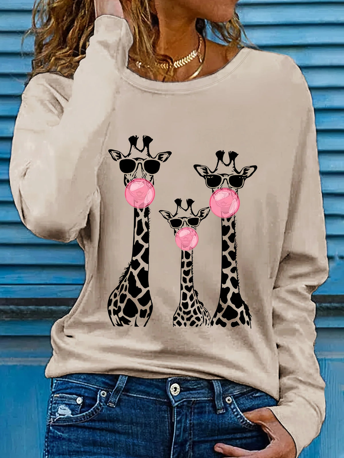 T-shirt da donna in 100% puro cotone, a maniche lunghe, con scollo rotondo, stile casual, con stampa grafica floreale, vestibilità ampia, ideale per la primavera e l'autunno.