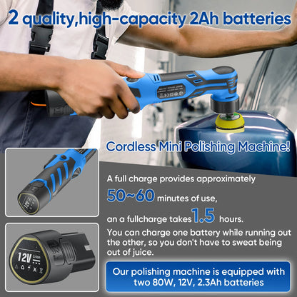 Lucidatrice per auto portatile a batteria 12V, con doppia modalità di funzionamento (rotazione e oscillazione), dotata di kit di tamponi da 1/1,5/2 pollici, strumento elettrico senza fili per la cura e la lucidatura dell’a