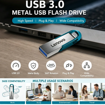 Chiavetta USB 3.0 ad alta velocità Lenovo - Chiavetta portatile in metallo, disponibile in diverse capacità: 256 GB, 1 TB, 128 GB, 64 GB, 512 GB, per l'archiviazione di dati.