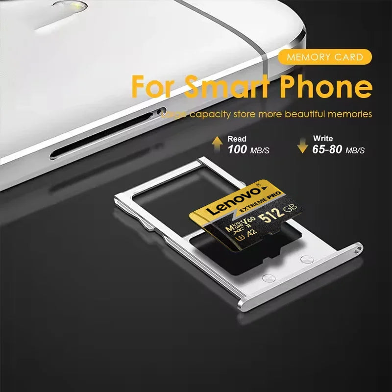 Scheda Micro SD Lenovo 1TB, Scheda di Memoria TF 256GB 512GB Classe 10 U3 A2 ad Alta Velocità per Registrazione Video 4K per Dash Cam, Fotocamera, Drone, Telefono
