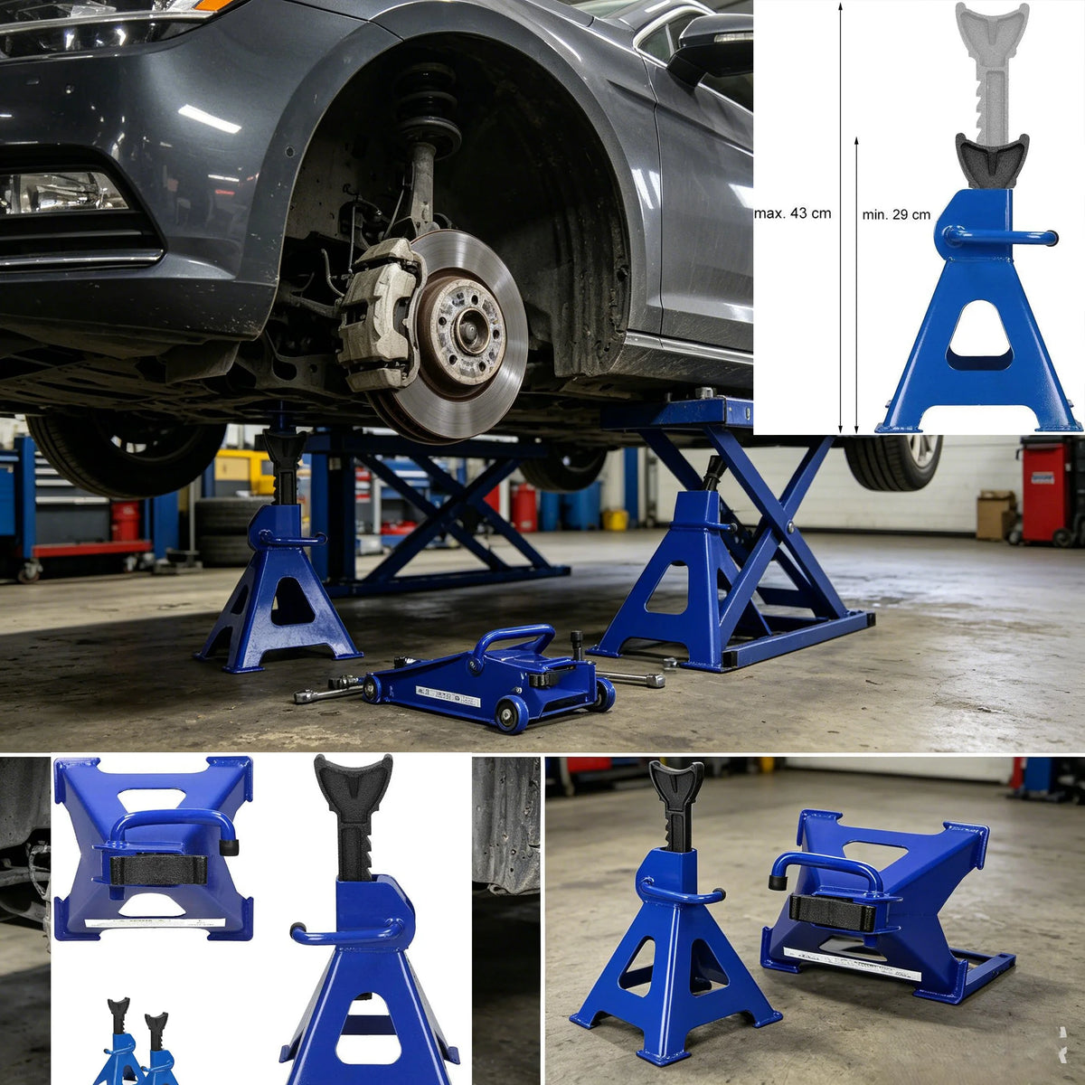 Confezione da 2 cavalletti in acciaio resistente con maniglia ergonomica, cavalletti di supporto per veicoli con altezza regolabile a cricchetto e base antiscivolo, per berline, SUV, manutenzione in garage e sostituzione pneu
