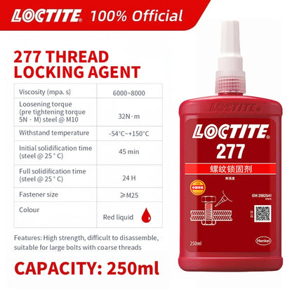 100% originale Loctite 277 Frenafiletti Vite Colla Rossa Ad Alta resistenza Ad Alta viscosità Colla anaerobica Fissatore per viti 50ml/250ml