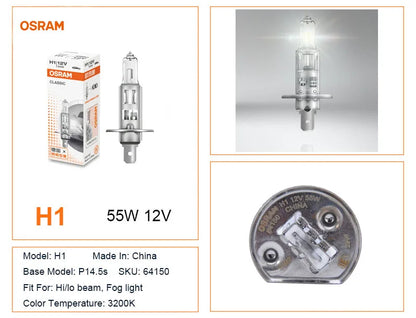 OSRAM H1 H4 H7 12V Faro alogeno per auto Linea originale Pezzi di ricambio 3200K Bianco caldo Lampada autentica Lampadina automatica Made In China 1X
