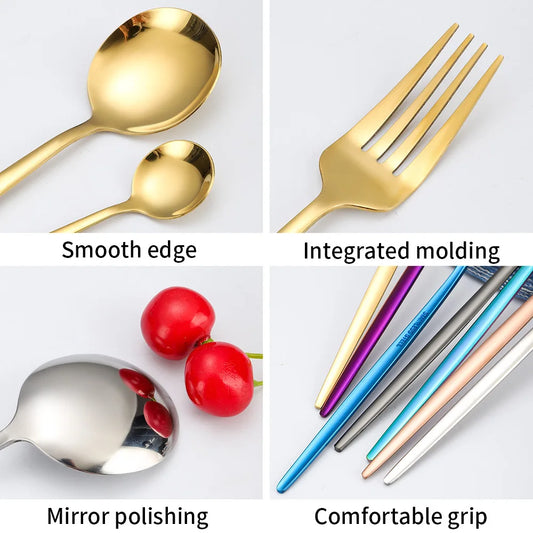 Set di posate in acciaio inossidabile portoghese da 12/24 pezzi, multicolore, con forchette per frutta, cucchiaini da caffè, cucchiai per torta, zuppa e riso, set di posate versatili.