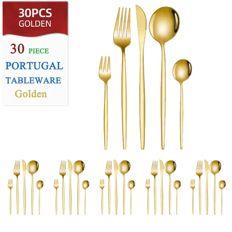 Set di posate dorate da 30 pezzi in acciaio inossidabile, coltelli, forchette, cucchiai, set di stoviglie per banchetti, ristoranti e ospiti