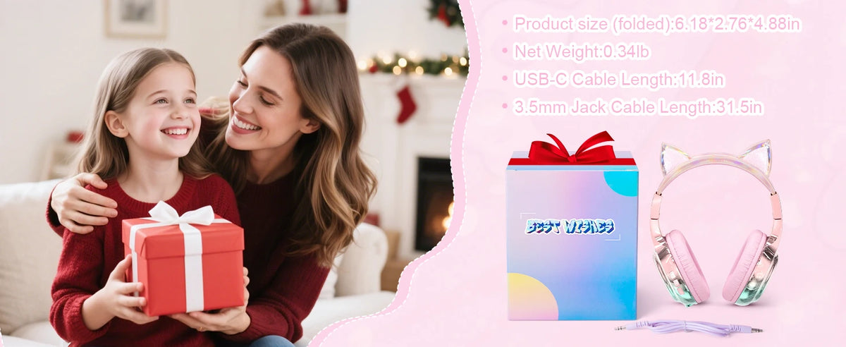 Cuffie wireless a forma di orecchie di gatto per ragazze e bambini, cuffie Bluetooth con volume sicuro 74/85/94dB, cuffie pieghevoli per bambini, ideali per i viaggi