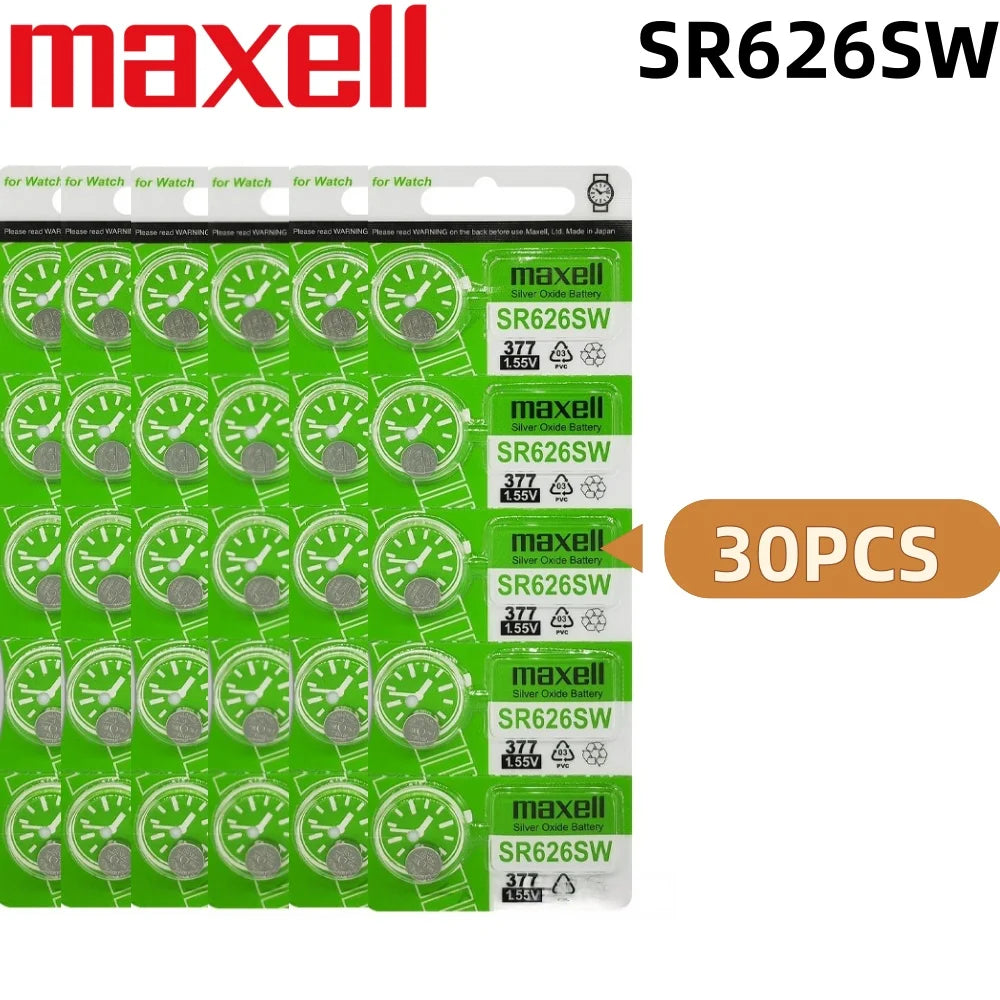 Batteria per orologi Maxell SR626SW, a ossido d'argento, modello 377 AG4, 1,55 V, senza mercurio, a bottone, per orologi da polso.