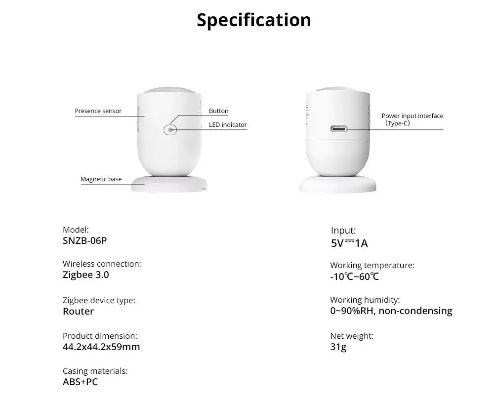SONOFF SNZB 06P Zigbee Sensore di presenza umana Rilevatore di SNZB-06P Rilevamento della luce di movimento Automazione domestica intelligente Funziona con Alexa Google
