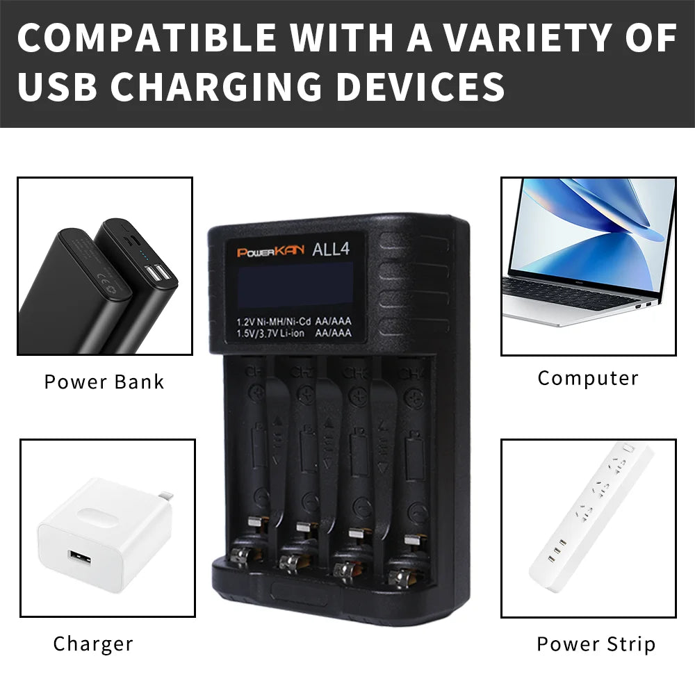 POWERKAN ALL4 AA/AAA Caricabatteria piccolo e conveniente a 4 slot per ioni di litio Hi-MH da 1,2 V e 1,5 V/3,7 V con schermo LCD