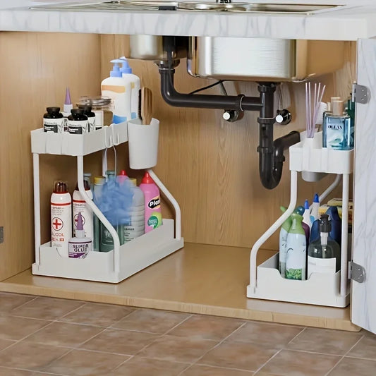 Organizzatore salvaspazio a 2 livelli sotto il lavandino, scatola portaoggetti estraibile, durevole, di grande capacità, per cucina, bagno, cassetto essenziale