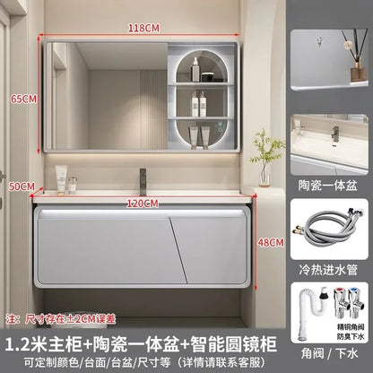 Mobile Bagno Moderno Intelligente con Lavabo Integrato in Ceramica, Armadietti in Rovere, Specchio LED e Mobiletto - Arredamento Bagno