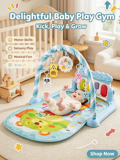 Giochi da palestra per neonati 3 in 1 con pianoforte, tappetino per attività e fitness, giocattoli sospesi, suono musicale, tappetino morbido per gattonare, per neonati e bambini 0-36 mesi