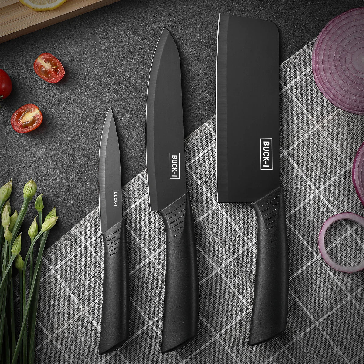 Set di coltelli da cucina, compresi mannaia, coltello da chef e coltello da frutta, con ceppo portacoltelli, adatto per sbucciare carne e verdure