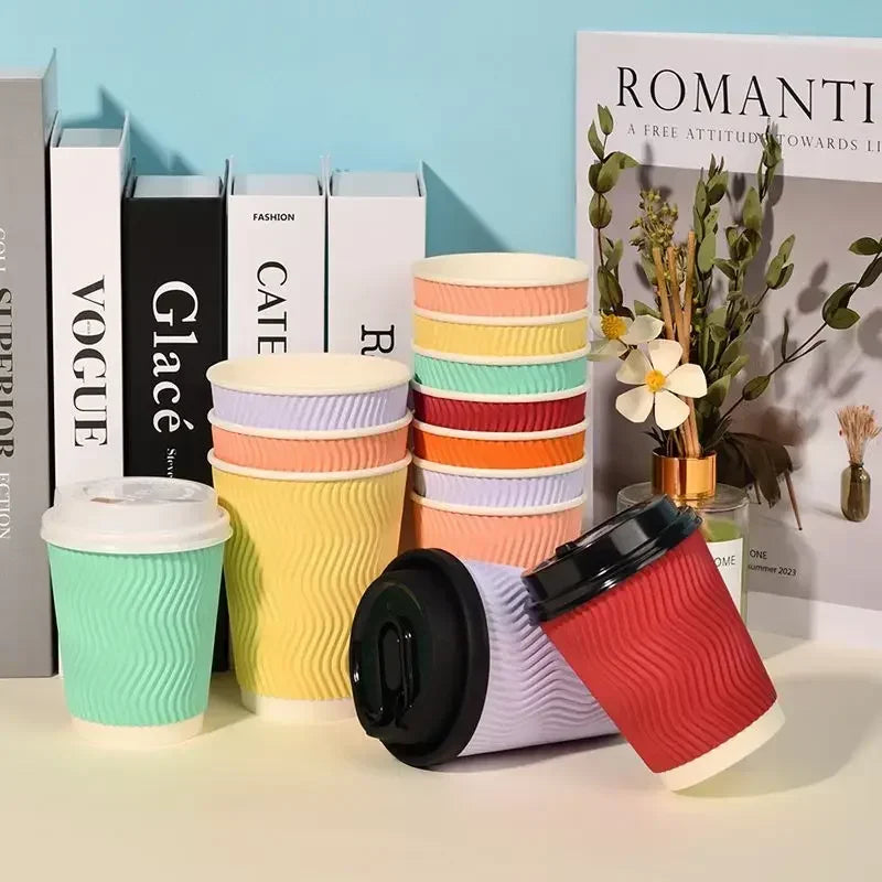 20 set di bicchieri di carta usa e getta colorati, onde di carta ondulata, antiscottatura, tazze da tè al latte, tazze da caffè confezionate da asporto con coperchio