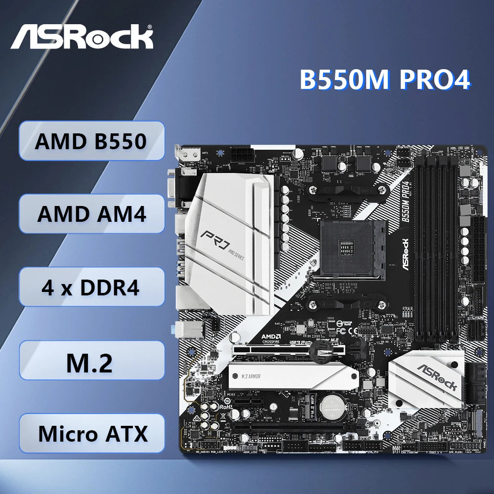 Scheda madre ASRock B550M Pro4, socket AM4, compatibile con processori AMD B550, supporta Ryzen 5 5600, 4500, 3200G, 3600, 5700X, memoria DDR4 fino a 128 GB, SSD NVMe, formato Micro ATX.