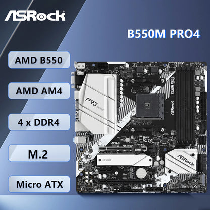 Scheda madre ASRock B550M Pro4, socket AM4, compatibile con processori AMD B550, supporta Ryzen 5 5600, 4500, 3200G, 3600, 5700X, memoria DDR4 fino a 128 GB, SSD NVMe, formato Micro ATX.