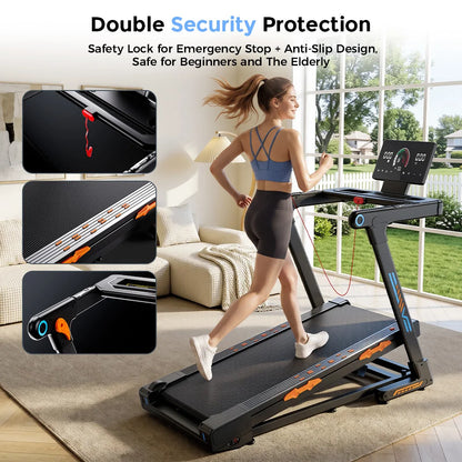 Treadmill Pieghevole FT71 4.0HP, Pedana da Camminata con Inclinazione Automatica del 24%, Macchina da Corsa con APP, Ricarica Wireless, Display LED, Capacità 150KG