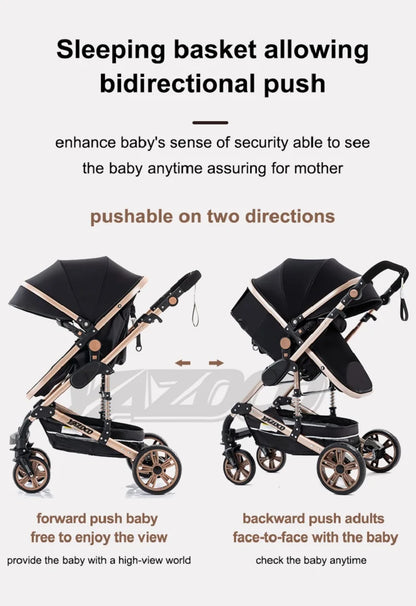 Passeggino 3 in 1 Facile da piegare Telaio in alluminio ad alto paesaggio Passeggino neonato con ruota in gomma per assorbimento degli urti a quattro ruote