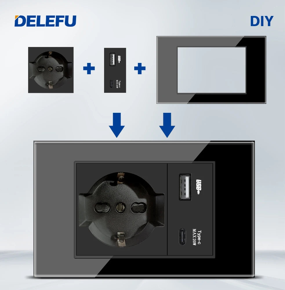 DELEFU Presa Italiana Fai-da-te con USB Tipo C, Interruttore Campanello, 45A 20A, per Tende, Telefono, CAT5, TV, HDMI, SAT, Nera