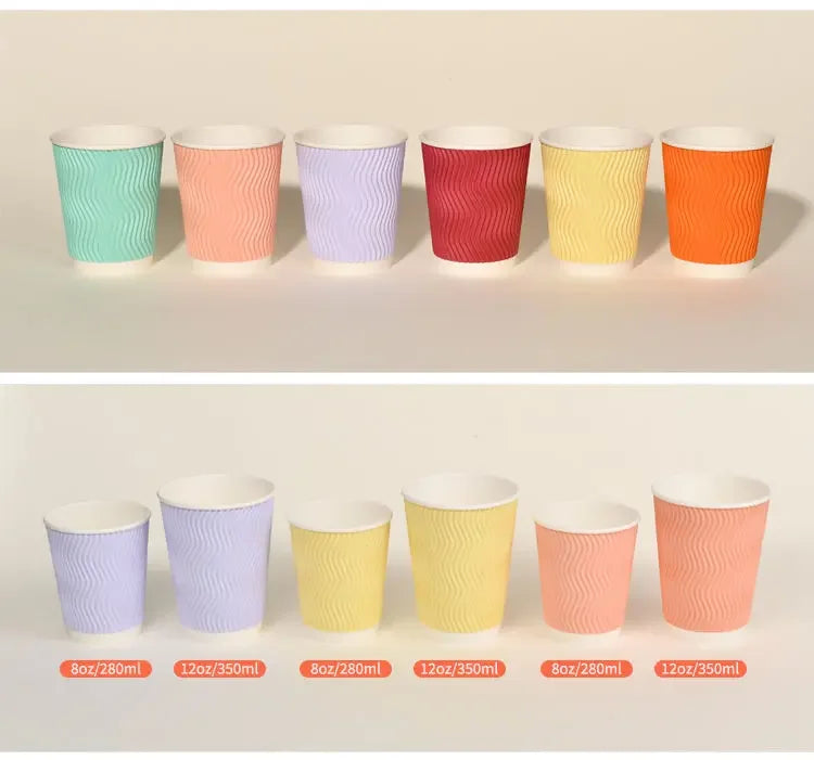 20 set di bicchieri di carta usa e getta colorati, onde di carta ondulata, antiscottatura, tazze da tè al latte, tazze da caffè confezionate da asporto con coperchio