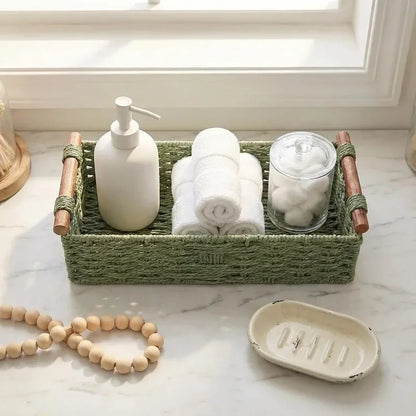 Cesto portaoggetti in legno massello con manico in corda di carta intrecciata in stile forestale, organizer per la cura del bagno e del lavabo, cesti da ripiano