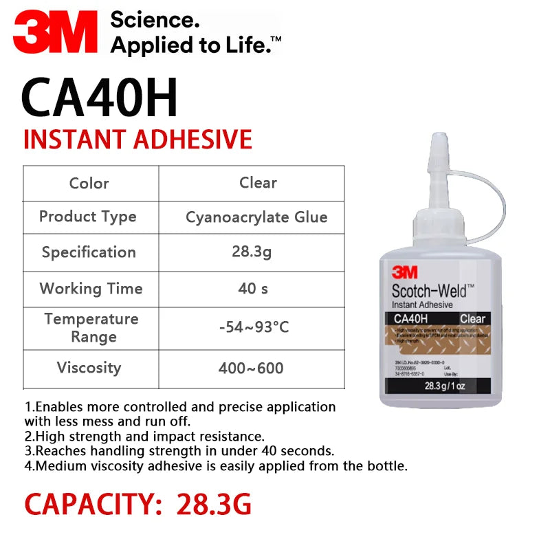 Adesivo Istantaneo Trasparente 3M CA40H Scotch-Weld 28.3g Colla Cianoacrilica a Media Viscosità per PLA ABS PETG