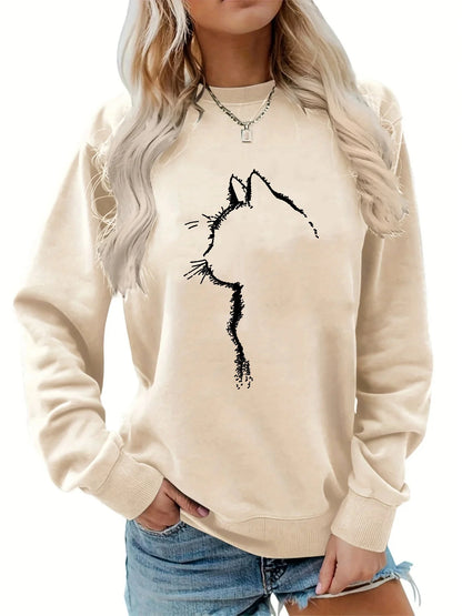 Maglione da donna, ideale per l’autunno e l’inverno, dal taglio ampio e confortevole, con stampa a motivi felini, scollo rotondo e maniche lunghe.