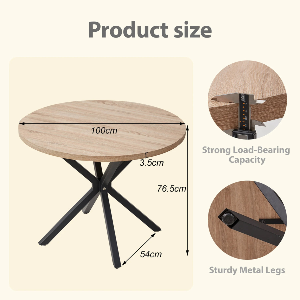 Tavolo da pranzo rotondo in stile nordico EGOONM, 100 cm, piano in MDF, gambe in metallo nero, ideale per sala da pranzo, cucina e arredamento della casa.