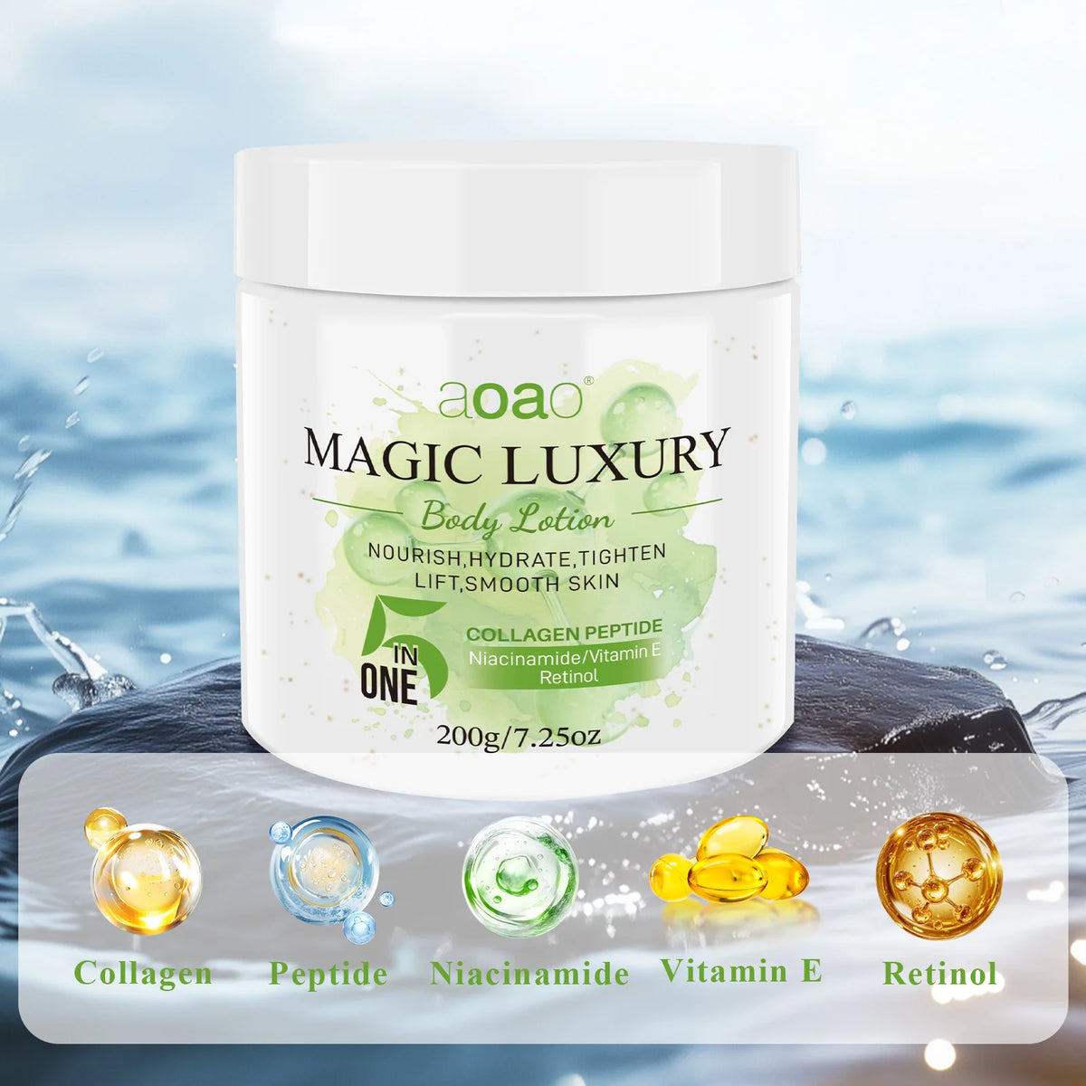 Lozione Corpo Idratante Profumata 5-in-1, Contiene Retinolo, Burro di Karité, Tè Verde, Collagene, Acido Ialuronico, Crema Corpo Nutriente Profonda per la Cura della Pelle 200g
