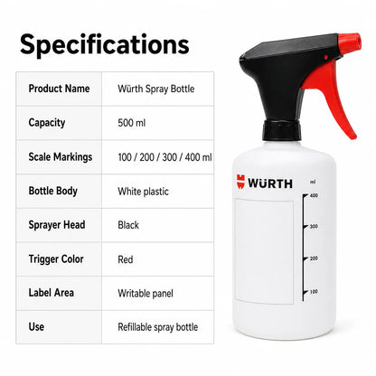Flacone Spray Ricaricabile Professionale WURTH Germania, Erogatore a Grilletto Resistente agli Agenti Chimici, Dispenser per Sgrassatore e Lubrificante Auto